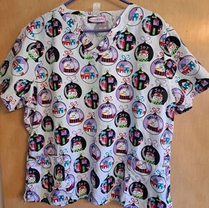 Scrubworks‎ Christmas Holiday Scrub Top XL Snowmen Ornaments White Lavender